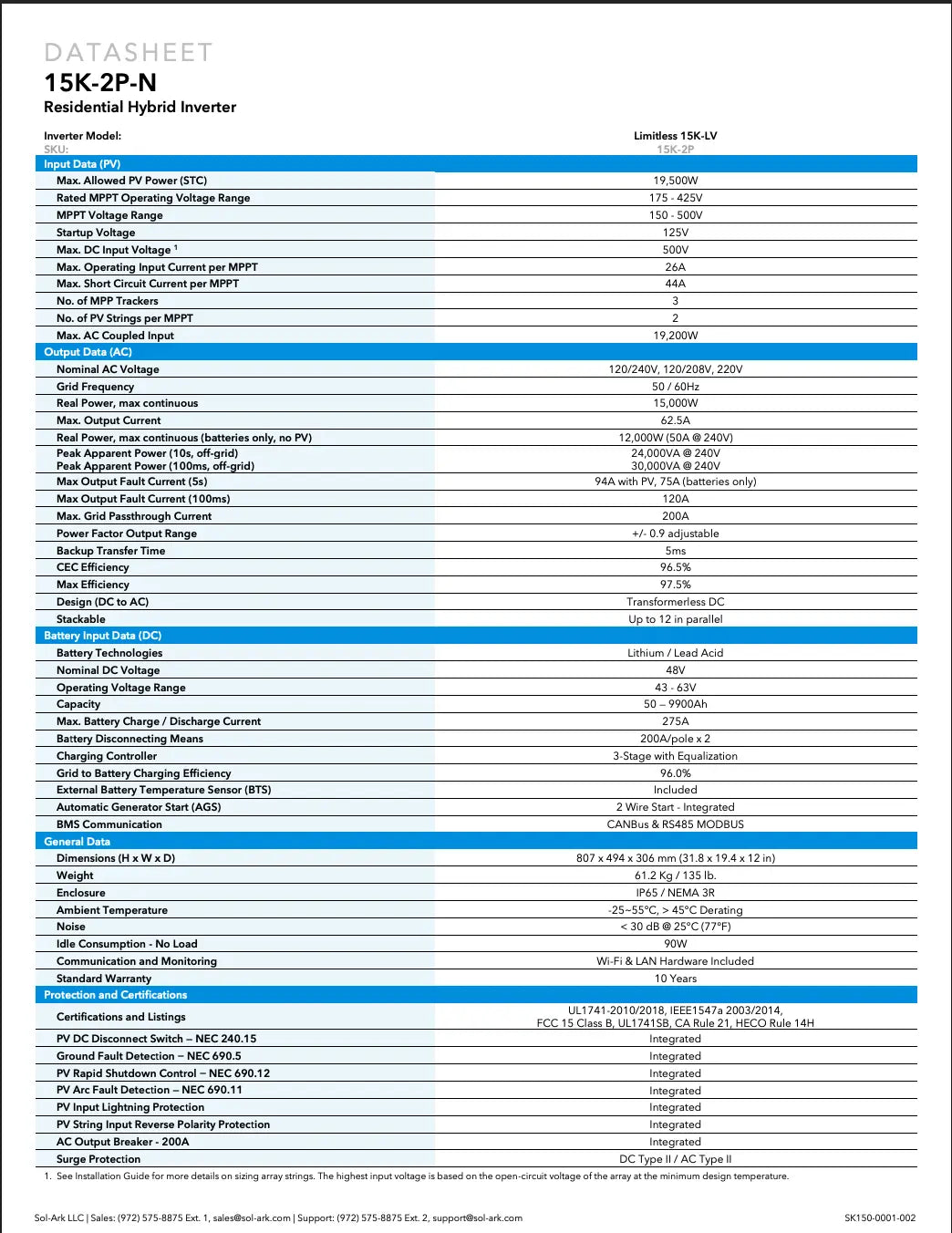 Onduleur-Chargeur Hybrid Sol-Ark Whole Home 15K-2P 120 V – 15 kW continu, 200 A Pass-through, 10 ans Sol-Ark