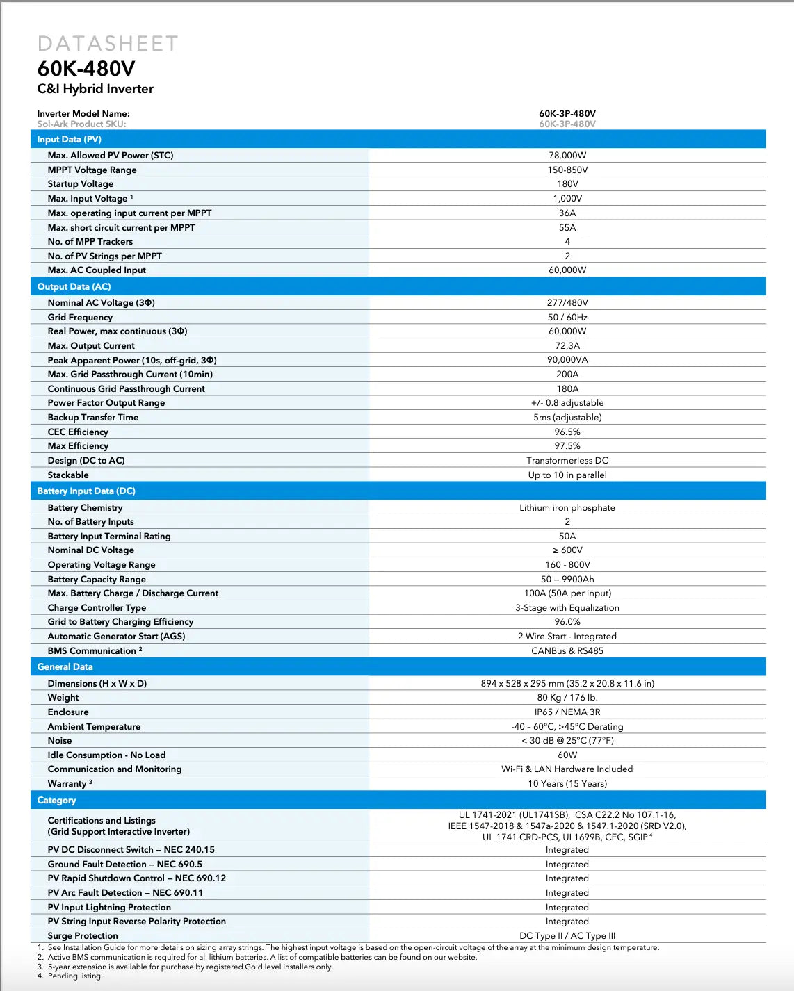 Sol-Ark 60 kW – Onduleur Hybride 3-phase 277/480 V (Commercial, stackable, 10 ans) Sol-Ark
