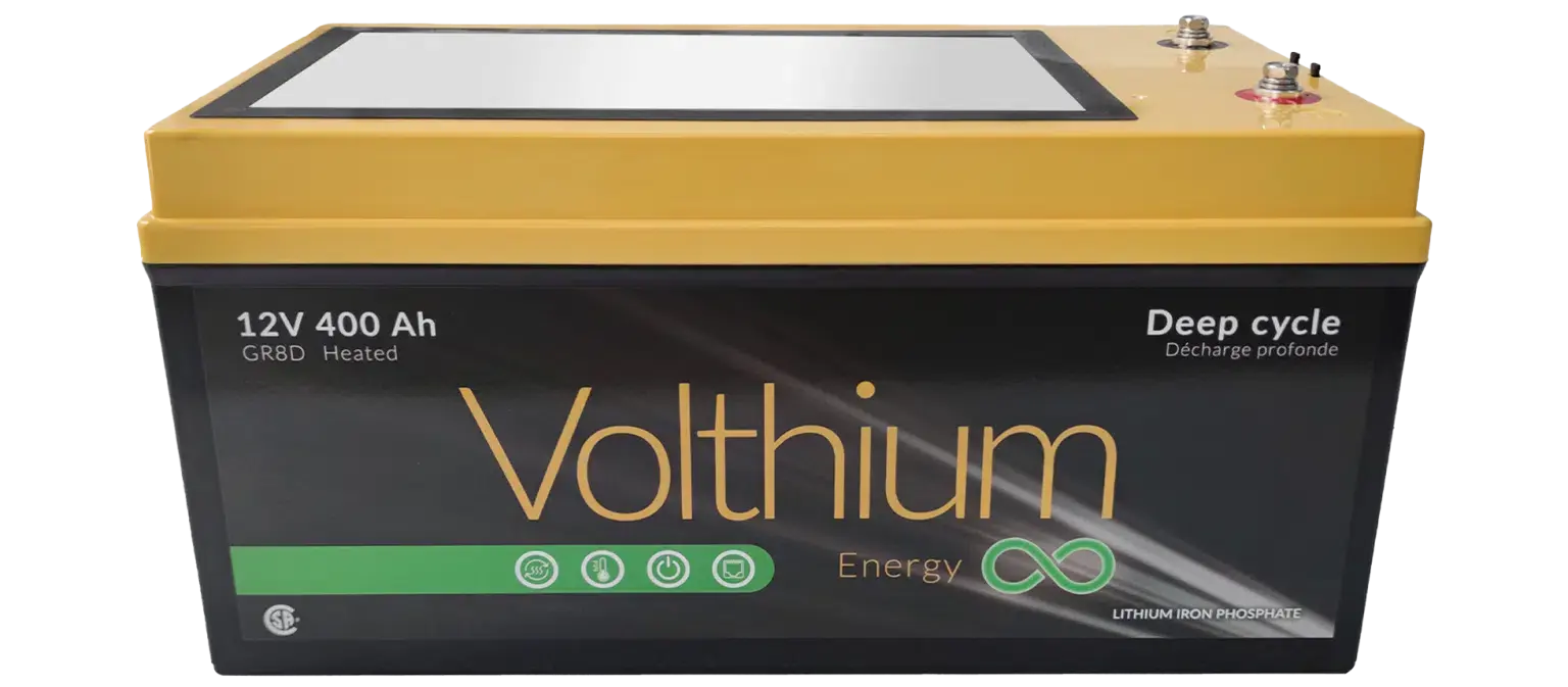 Batterie Volthium 12 V 400 Ah – Auto-chauffante LiFePO₄ 8D (Double chauffage, BMS accessible, IP55, 10 ans) Boutique Solaire Québec