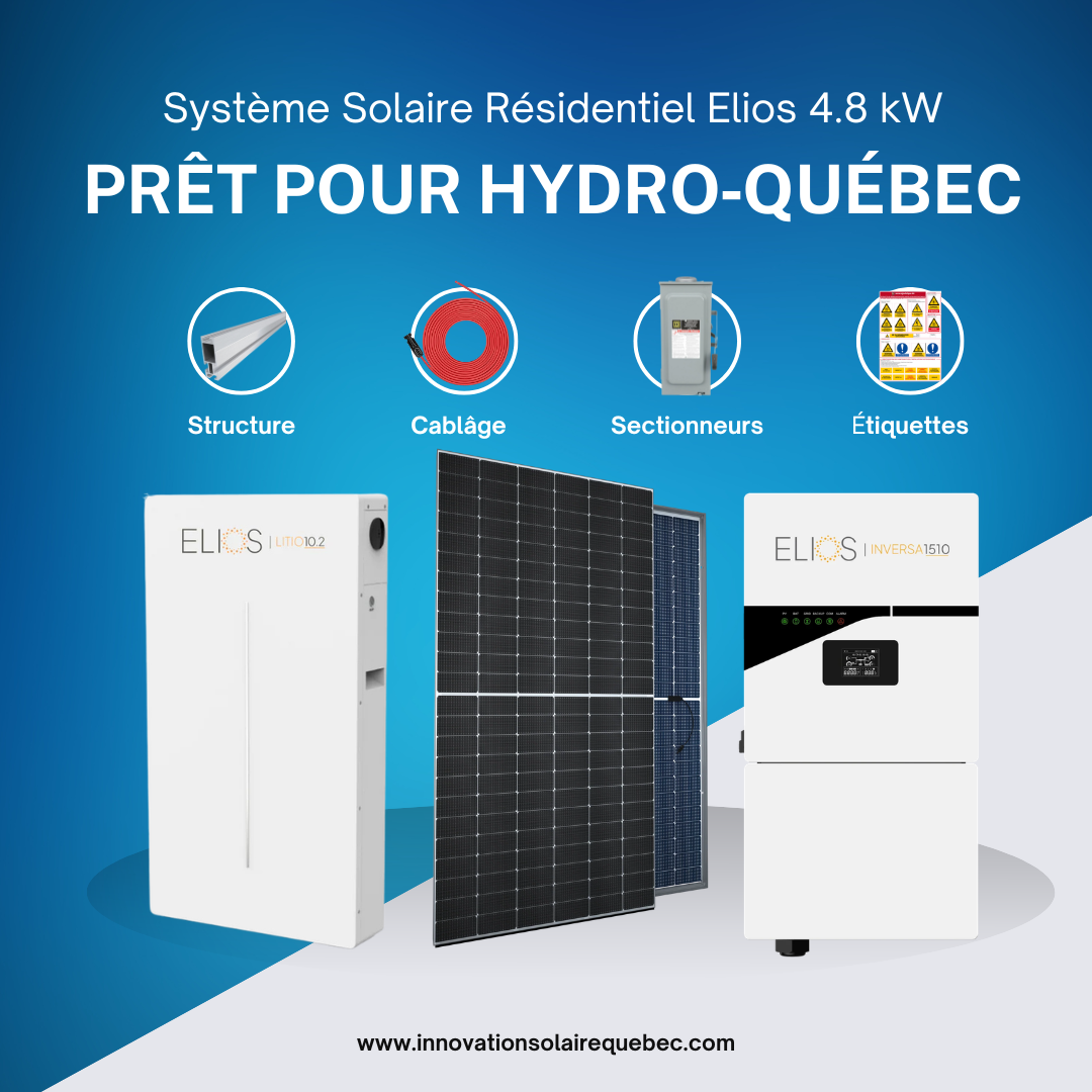 Kit solaire résidentiel 4,8 kW Elios avec batterie 10,24 kWh – Mesurage net Hydro‑Québec